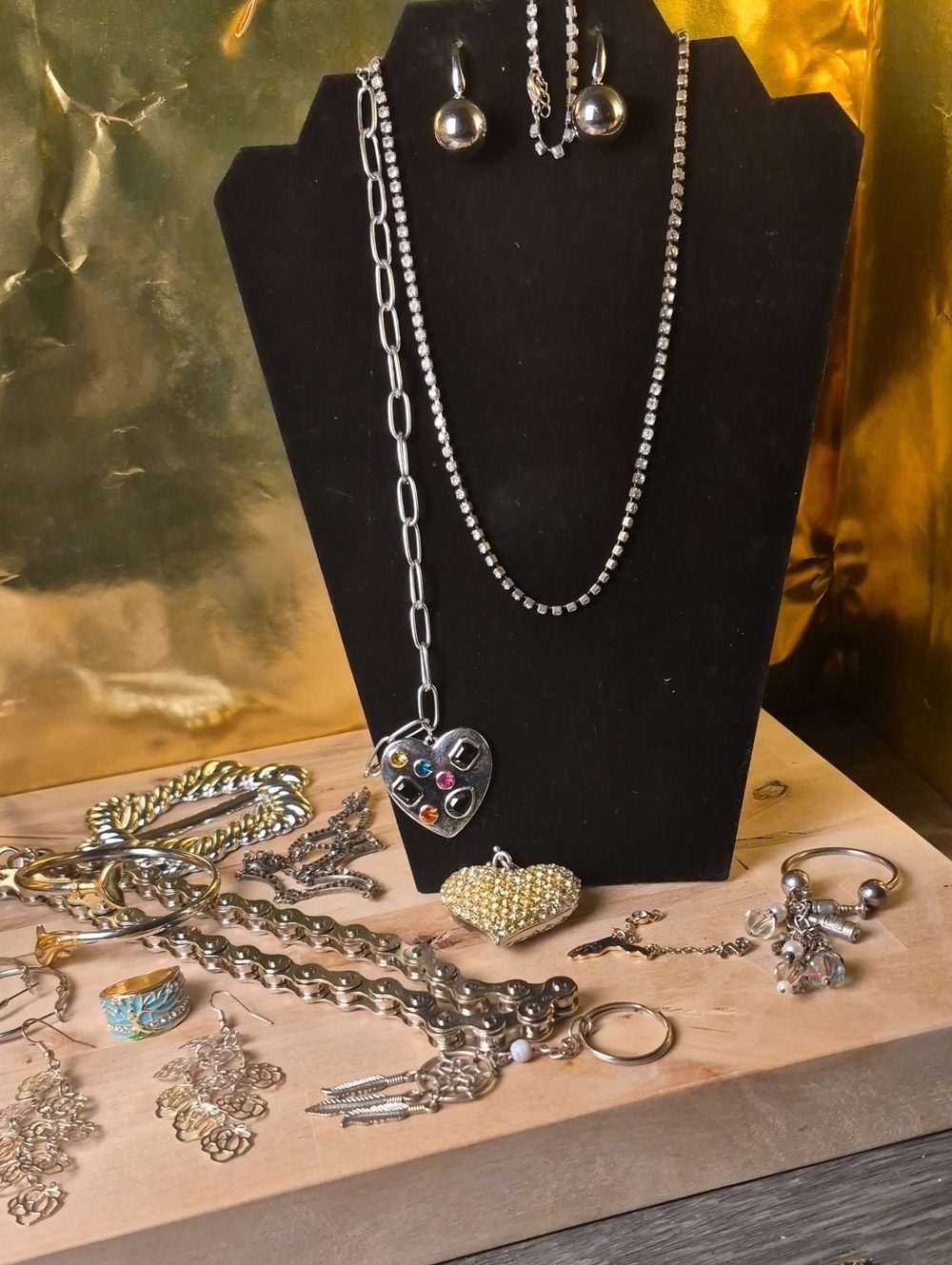 Silver-Tone Heart Pendant Necklace with Multicolor Stones, Rhinestone Necklace +